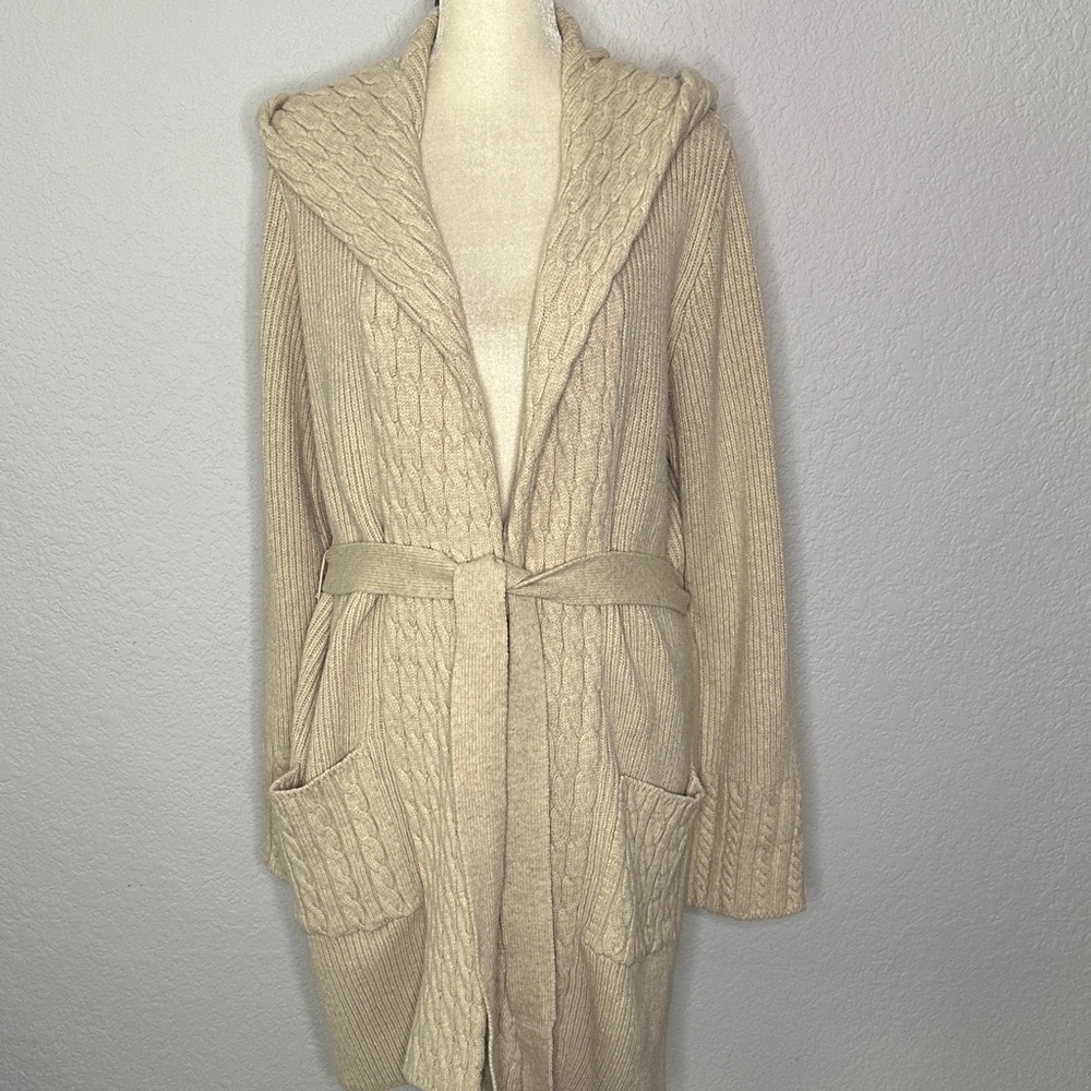 Mario Giorgi Italy Women’s Heavy Cable Knit Hooded Open Cardigan Cream Large